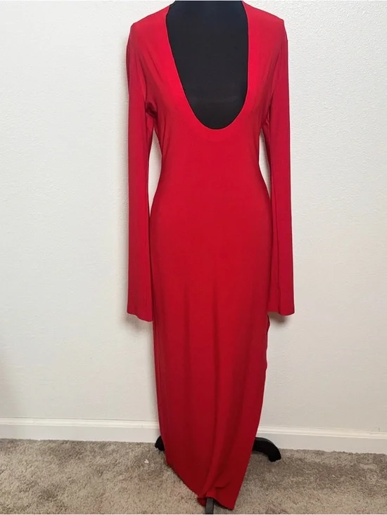 Norma Kamali Tiger Red Deep V Long Sleeve Side Slit Maxi Dress Small - Picture 2 of 6
